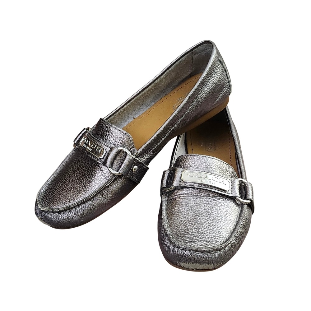 Coach Felisha II Metallic‎ Pewter Silver Leather Driving Loafers Shoes Womens 7B